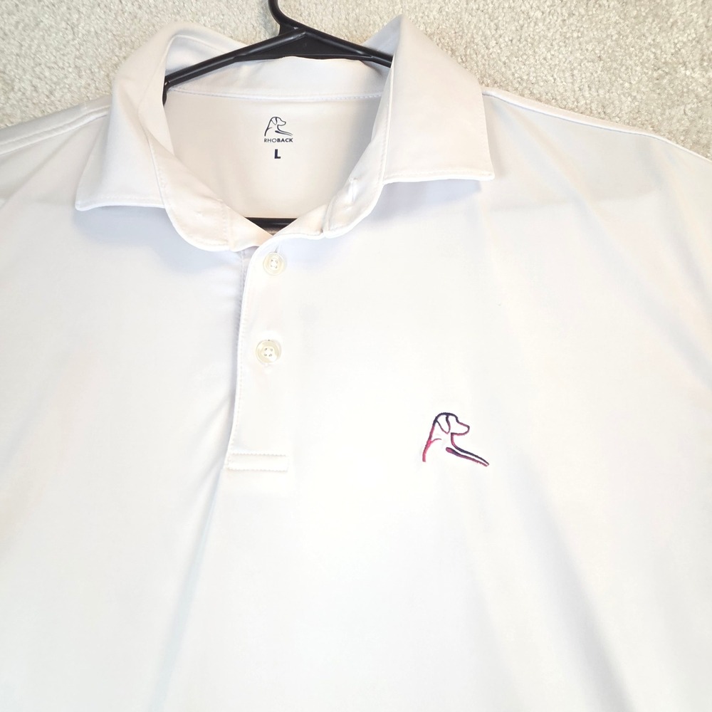 Rhoback Mens White Performance Golf Polo Shirt American Flag Logo Size L